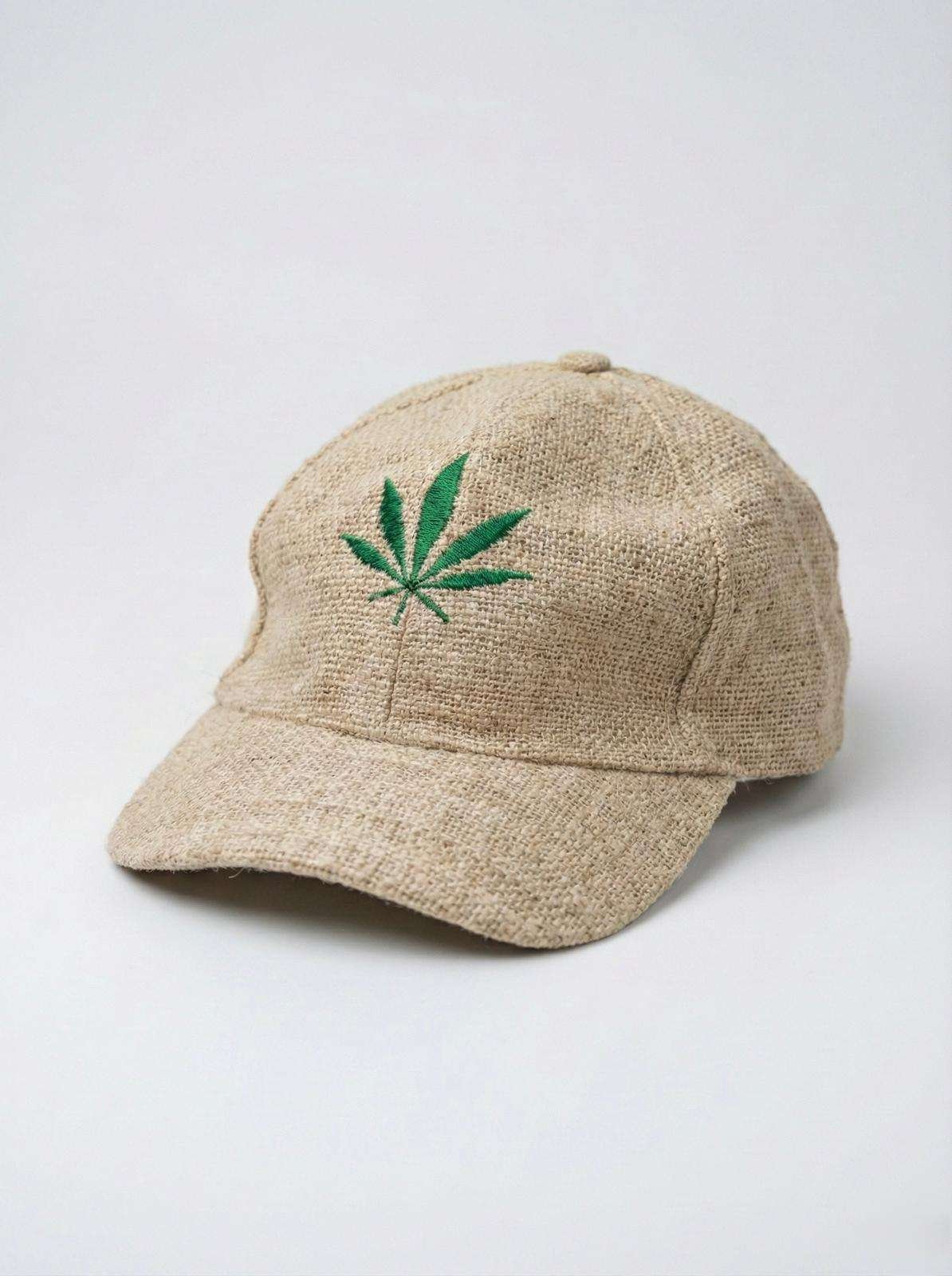 Beige hemp cap with leaf embroidery on plain background, SpreadMaya