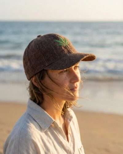 Woman wearing brown hemp cap with leaf embroidery at the beach, lightweight and breathable