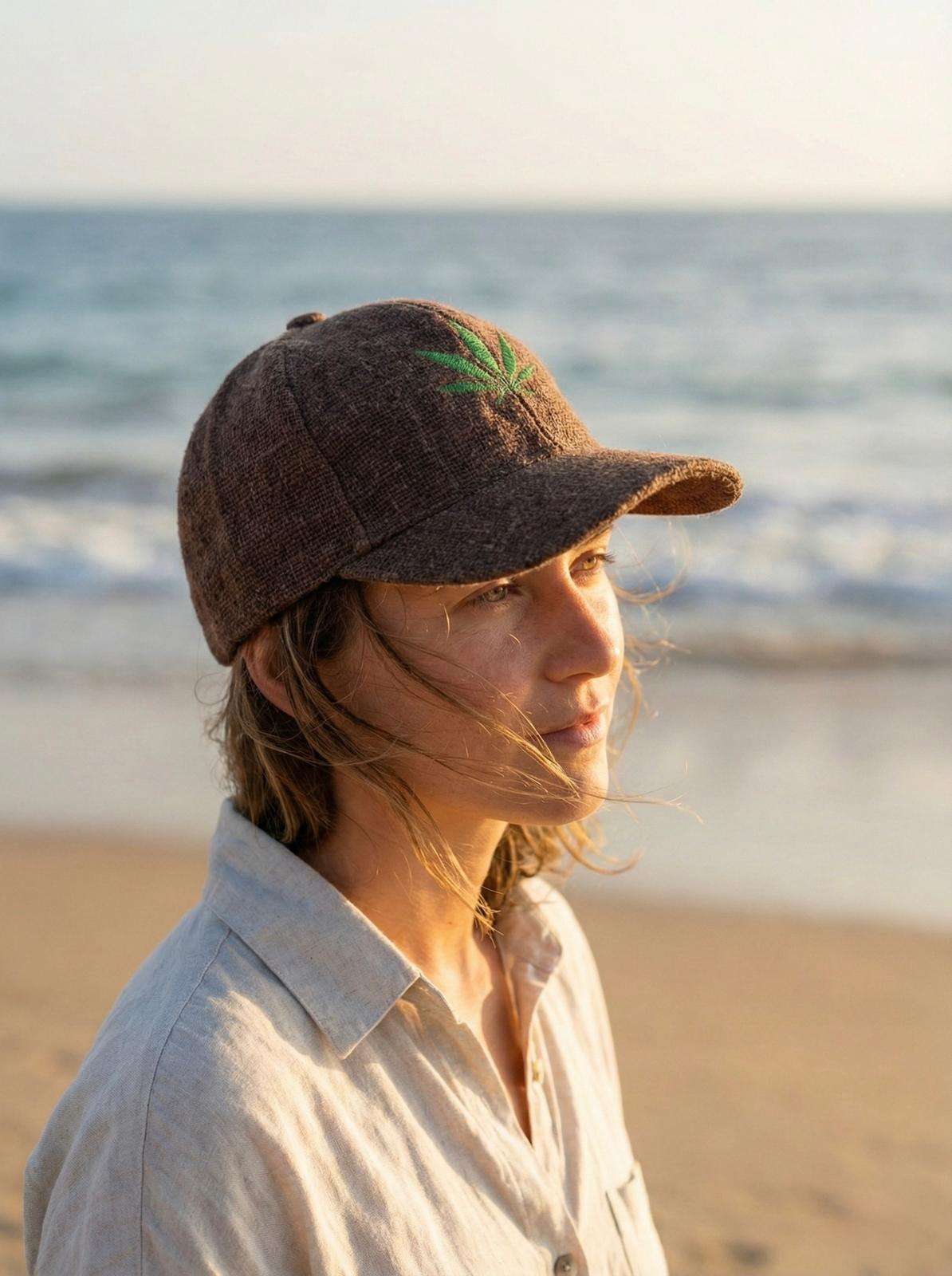 Woman wearing brown hemp cap with leaf embroidery at the beach, lightweight and breathable