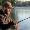 Man fishing outdoors wearing brown hemp cap, breathable and eco friendly
