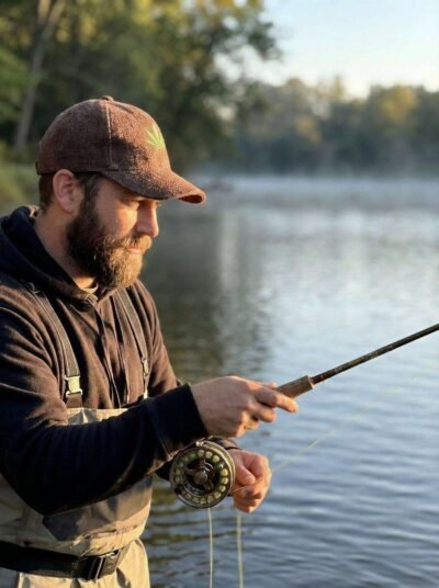 Man fishing outdoors wearing brown hemp cap, breathable and eco friendly