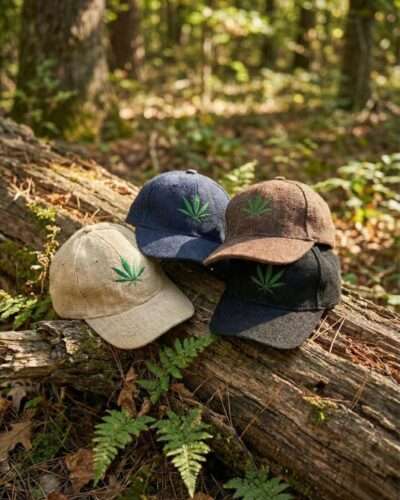 Stacked brown hemp caps showing handmade texture and leaf embroidery