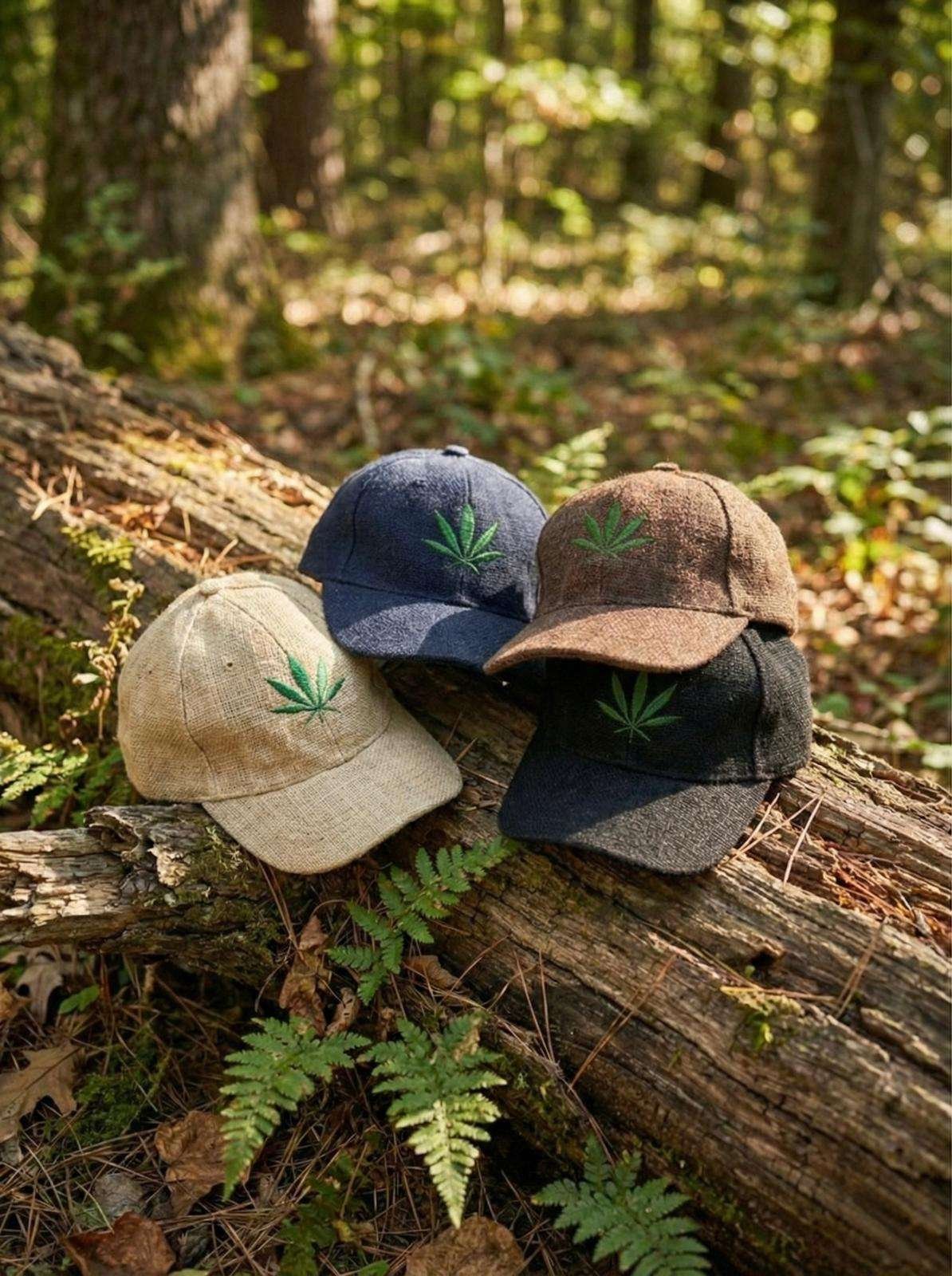 Stacked beige hemp caps displayed on tree log, eco friendly headwear