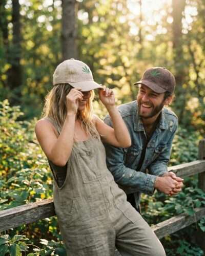 Couple wearing brown hemp cap with leaf embroidery, unisex sustainable headwear
