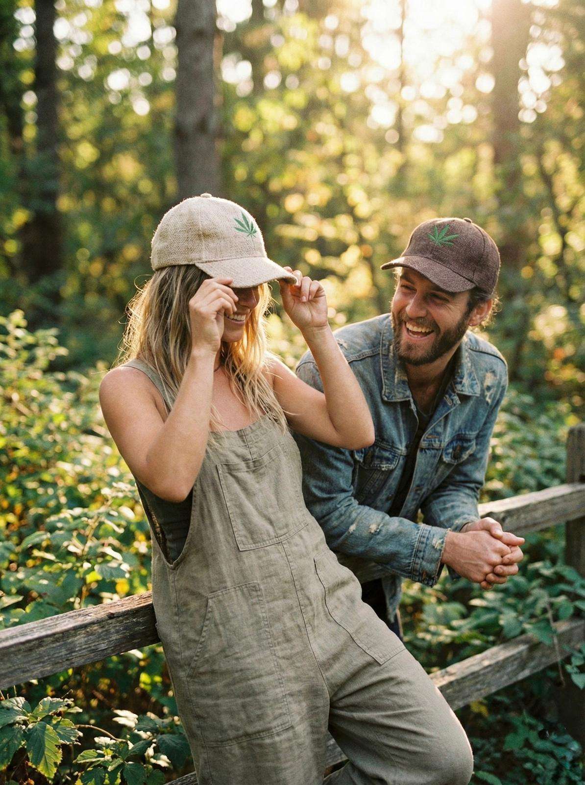 Couple wearing brown hemp cap with leaf embroidery, unisex sustainable headwear