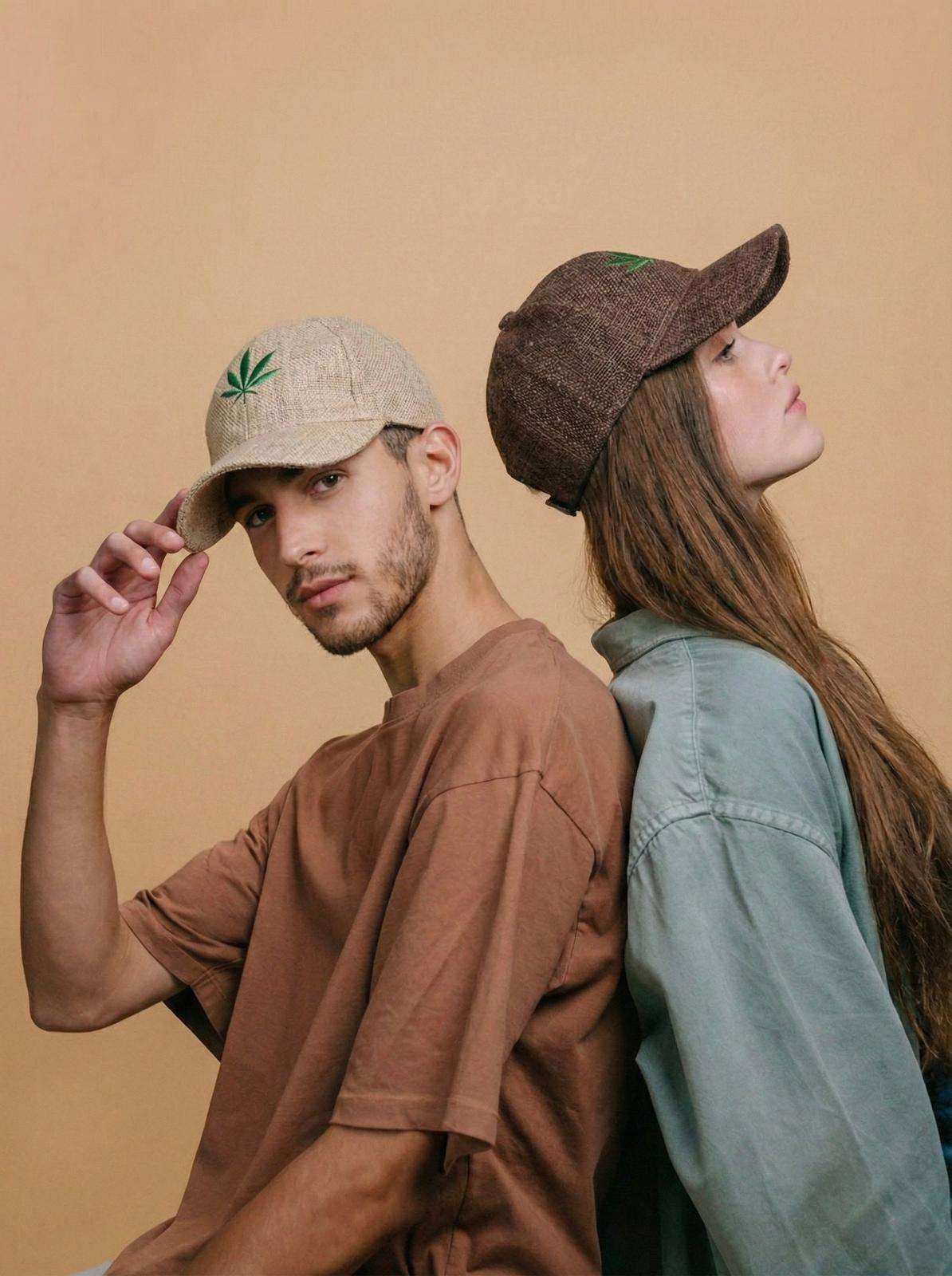 Man and woman posing together wearing beige hemp cap by SpreadMaya