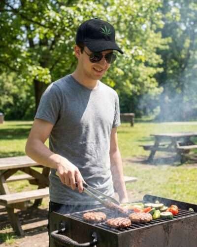 a man wearing hemp leaf printed black hat and BBQ