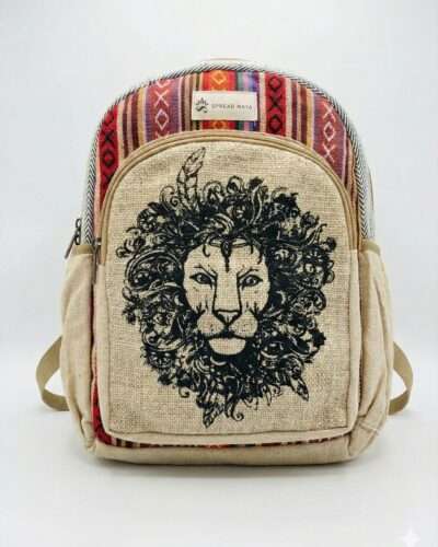 lion print on a hemp backpack