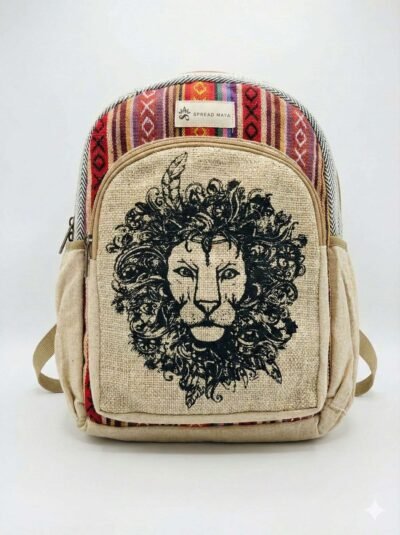 lion print on a hemp backpack