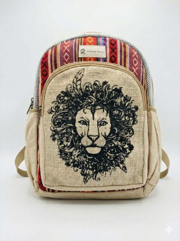 lion print on a hemp backpack