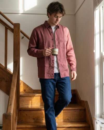 a man wearing spreadmaya hemp full sleeve short and coming down from the stairs