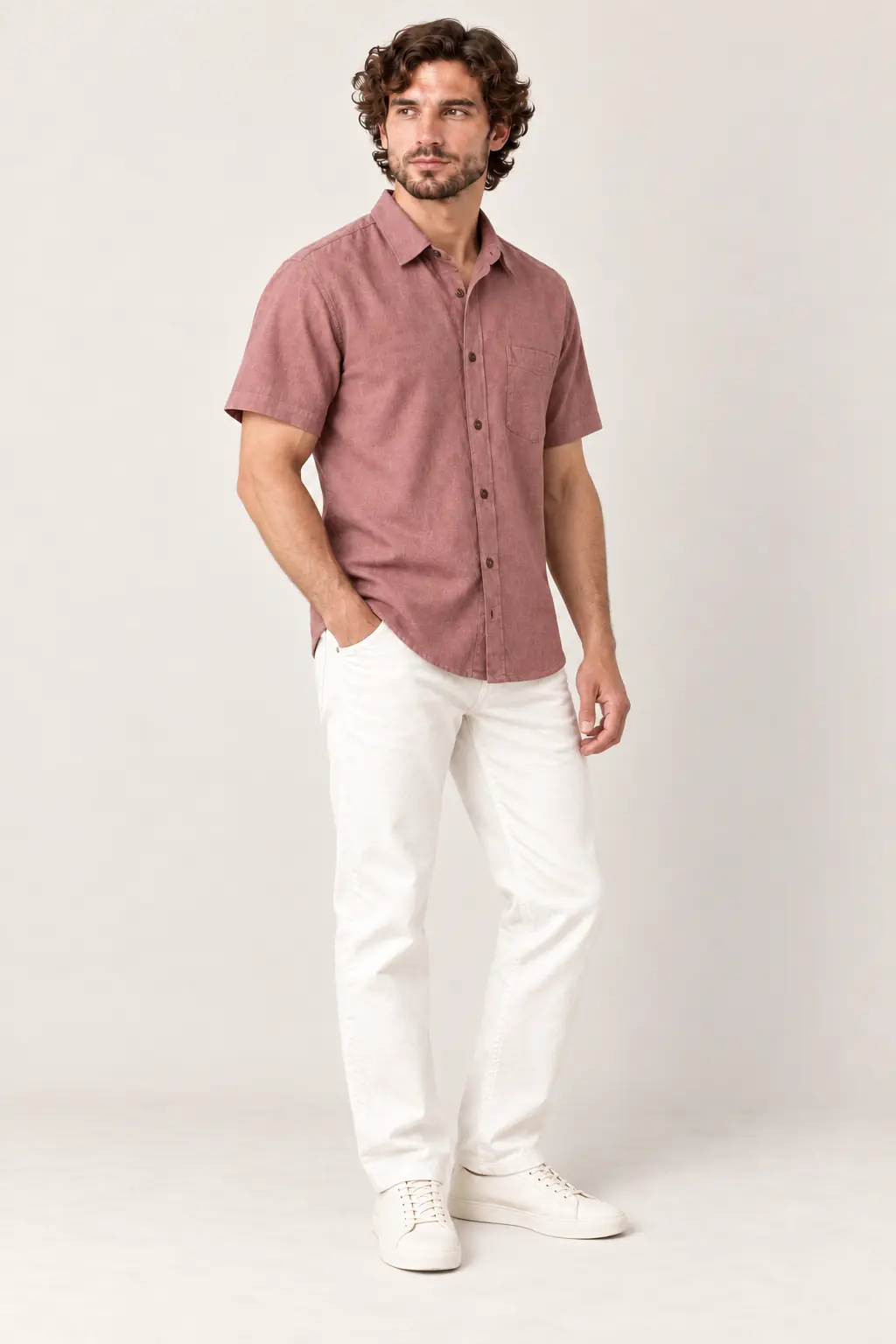 a man wearing hemp half shirt and posing