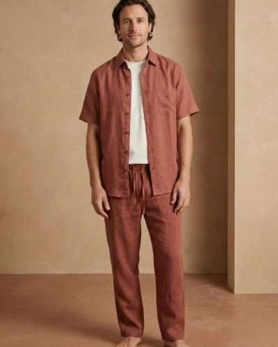 model wearing a hemp shirt and a hemp pant made in Nepal