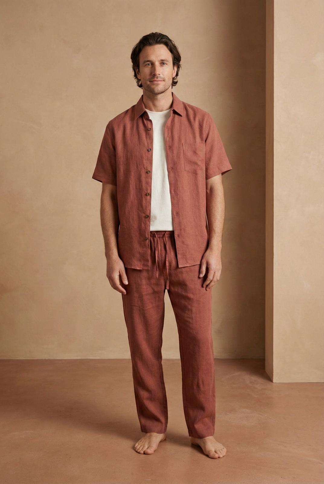 model wearing a hemp shirt and a hemp pant made in Nepal