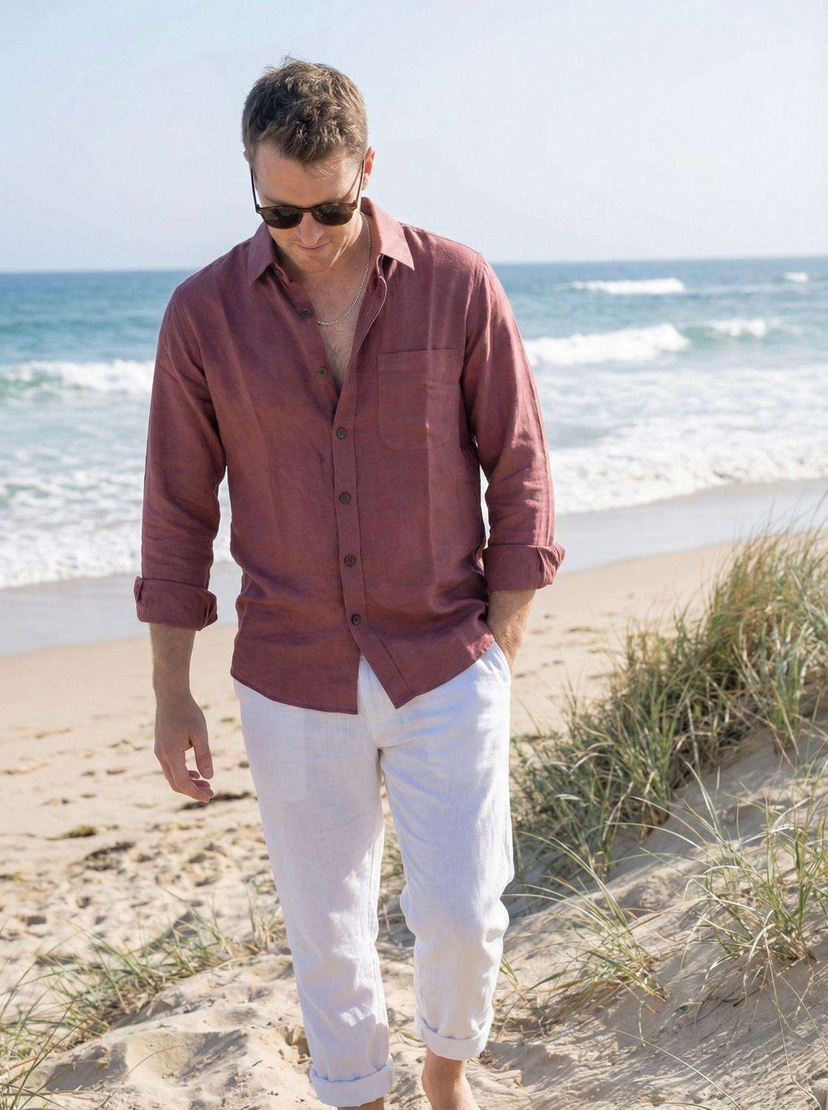 man wearing full sleeve hemp shirt at a beach in australia