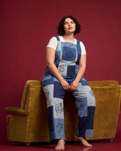blue printed overall wore by a lady