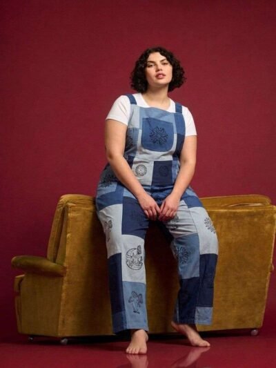 blue printed overall wore by a lady