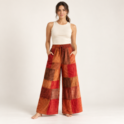 corduroy red pants worn by a woman