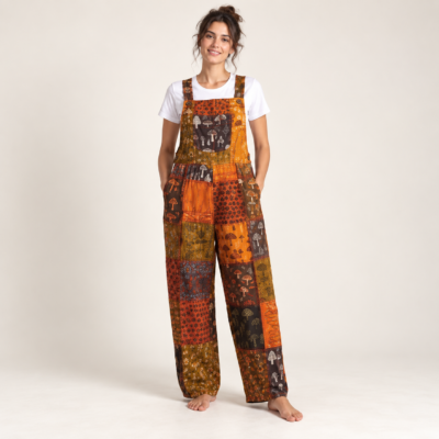 patch overalls worn by a woman