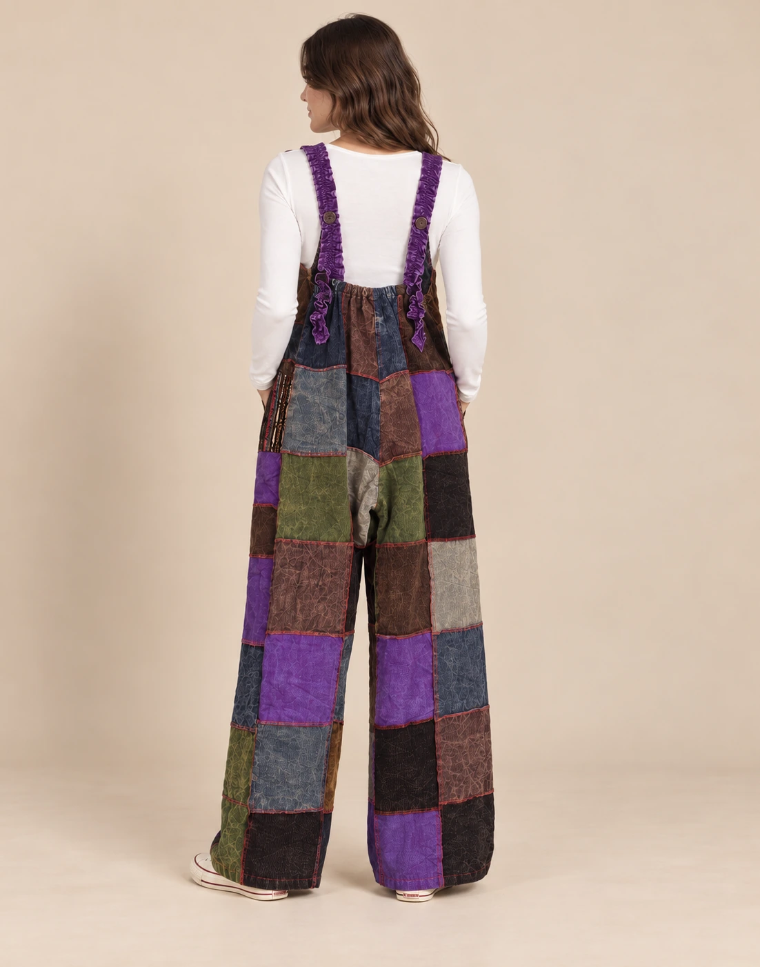 a woman wearing Handmade Patch Corduroy Overalls back view