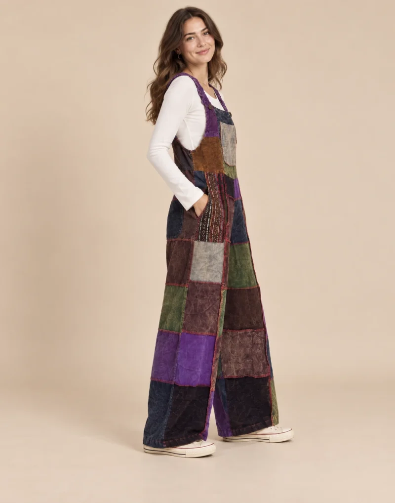 a woman wearing Handmade Patch Corduroy Overalls side view