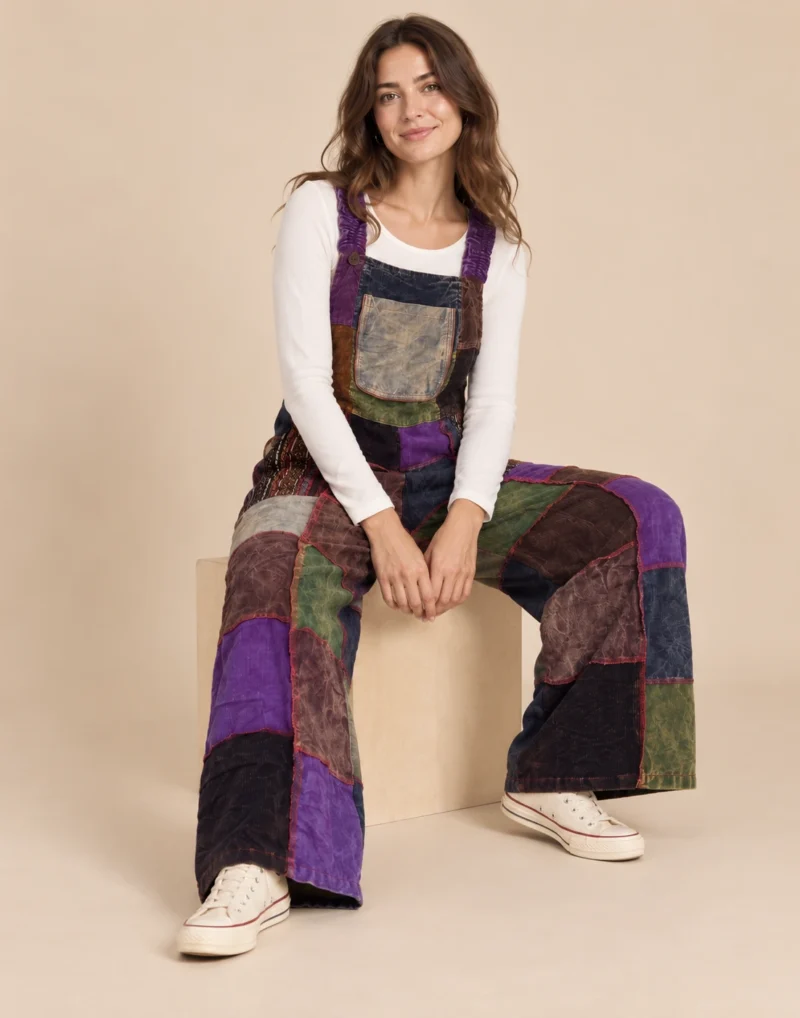 a woman wearing Handmade Patch Corduroy Overalls sitting