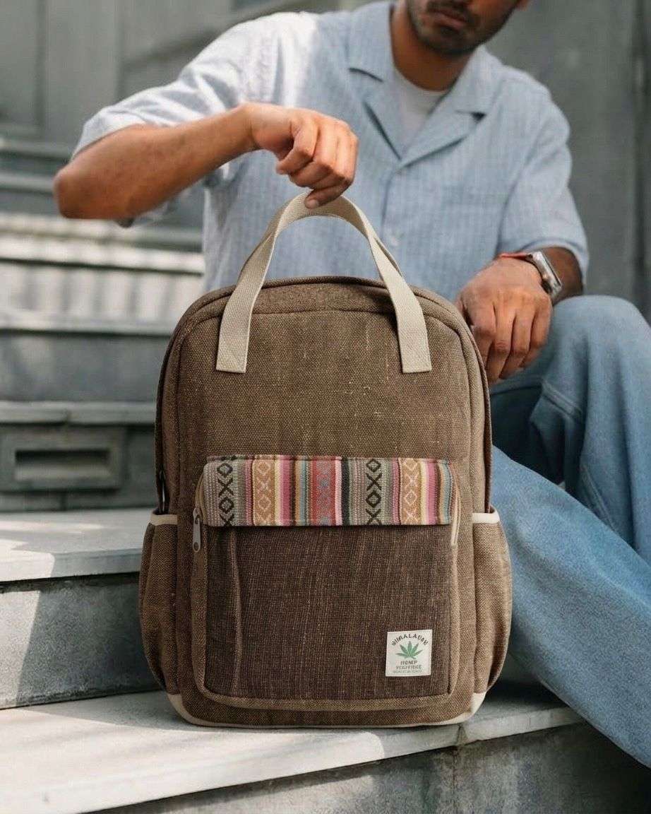 Forest route hemp backpack on stairs with a man