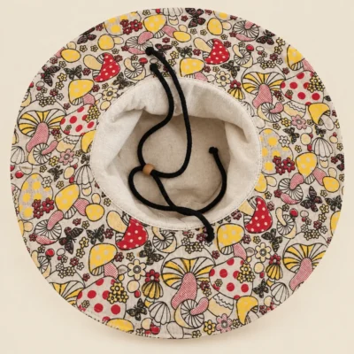 Mushroom print underneath extra-wide hemp hat brim