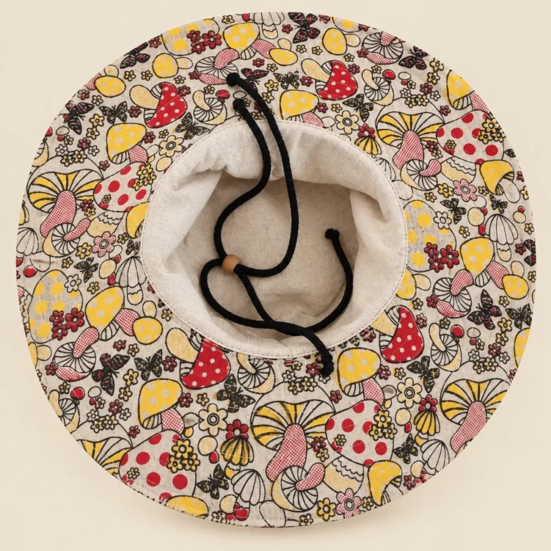 Mushroom print underneath extra-wide hemp hat brim