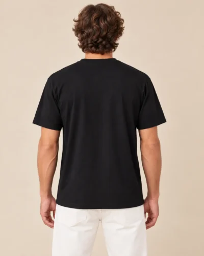 Model wearing a black hemp t-shirt back view