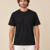 Model wearing a black hemp t-shirt front view