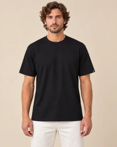 Model wearing a black hemp t-shirt front view