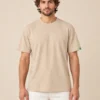 a man wearing hemp beige tshirt
