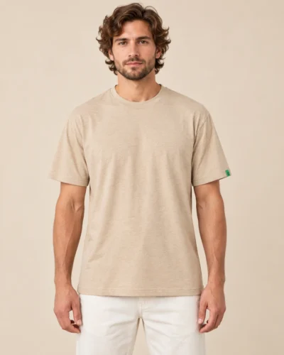 a man wearing hemp beige tshirt
