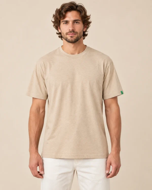 a man wearing hemp beige tshirt