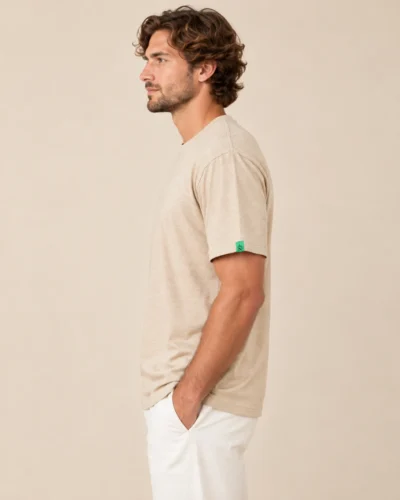 a man wearing hemp beige tshirt from side