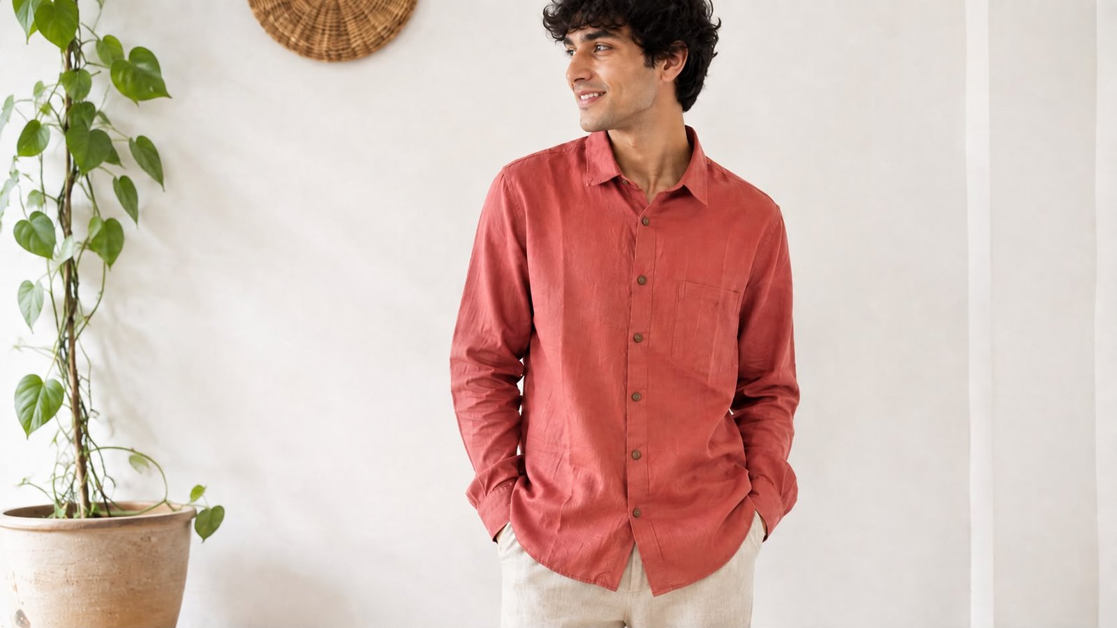 a man wearing handmade hemp shirt