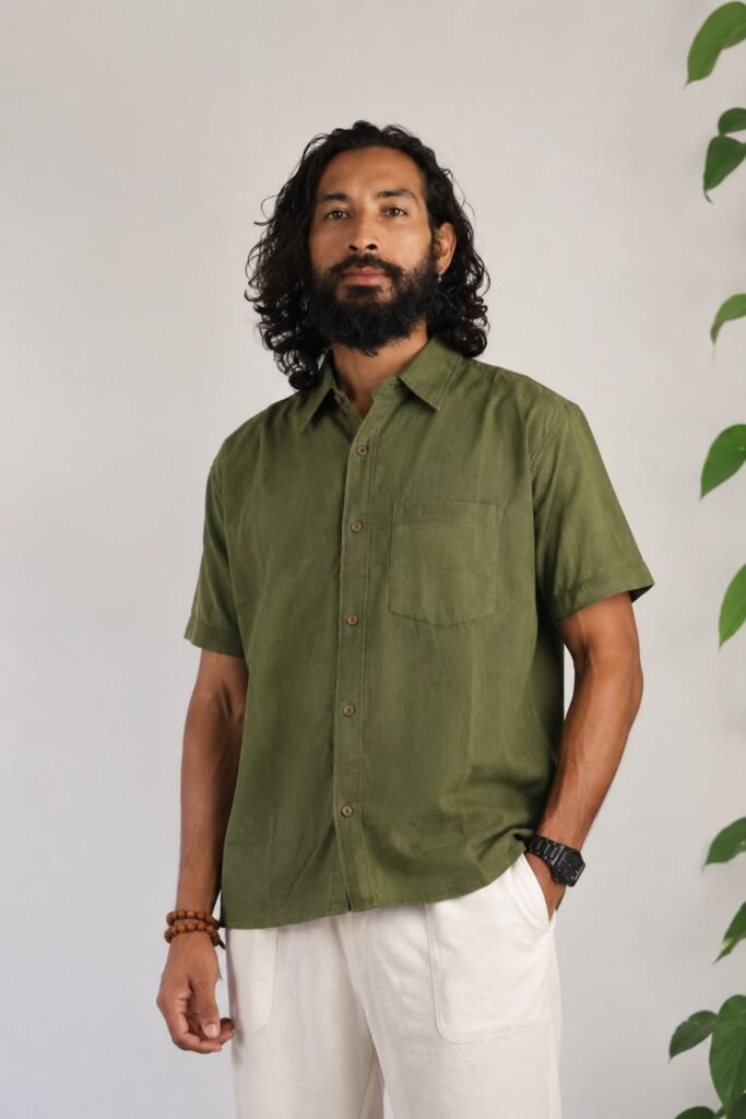 a man wearing half sleeve hemp shirt