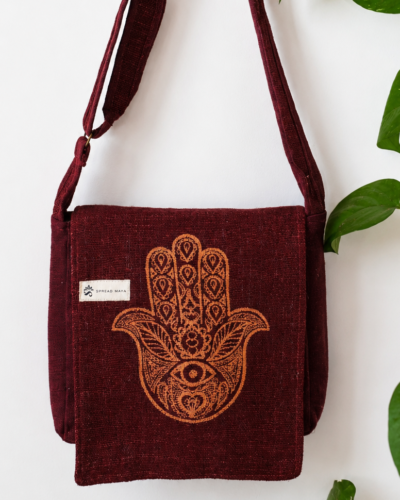 hemp hamsa print side bag front