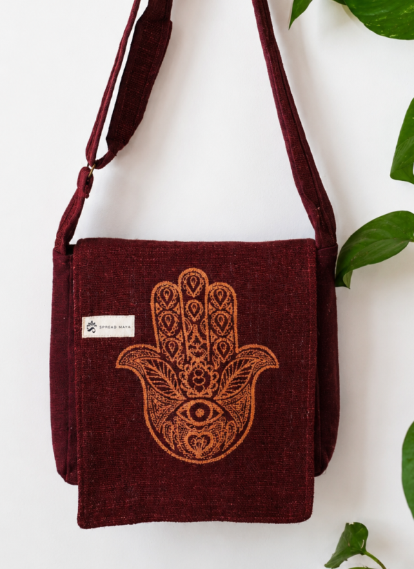 hemp hamsa print side bag front