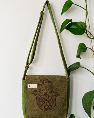 hemp hamsa print side bag front