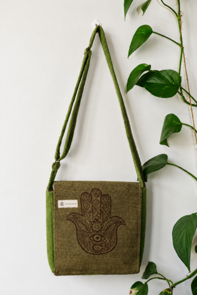 hemp hamsa print side bag front