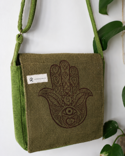 hemp hamsa print side bag side