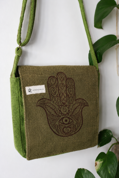 hemp hamsa print side bag side