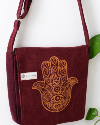 hemp hamsa print side bag front