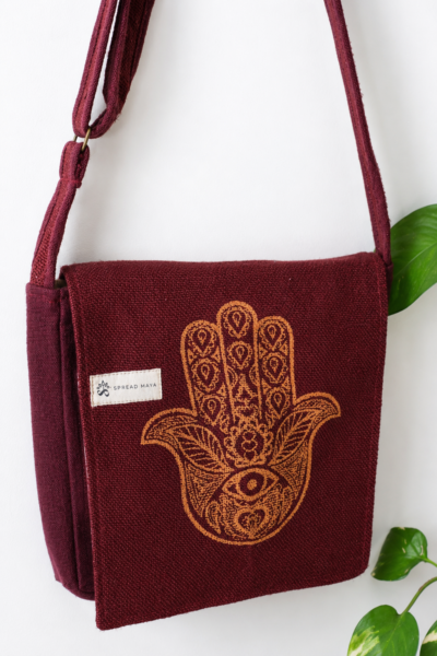 hemp hamsa print side bag front