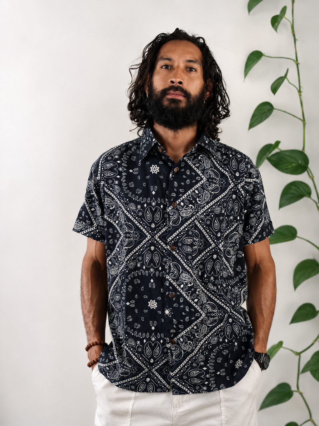 a man wearing hemp printed shirt