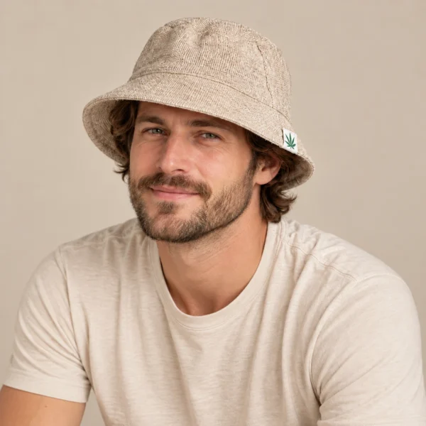 a man wearing hemp bucket hat natural