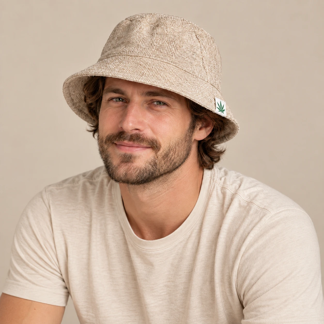 a man wearing hemp bucket hat natural