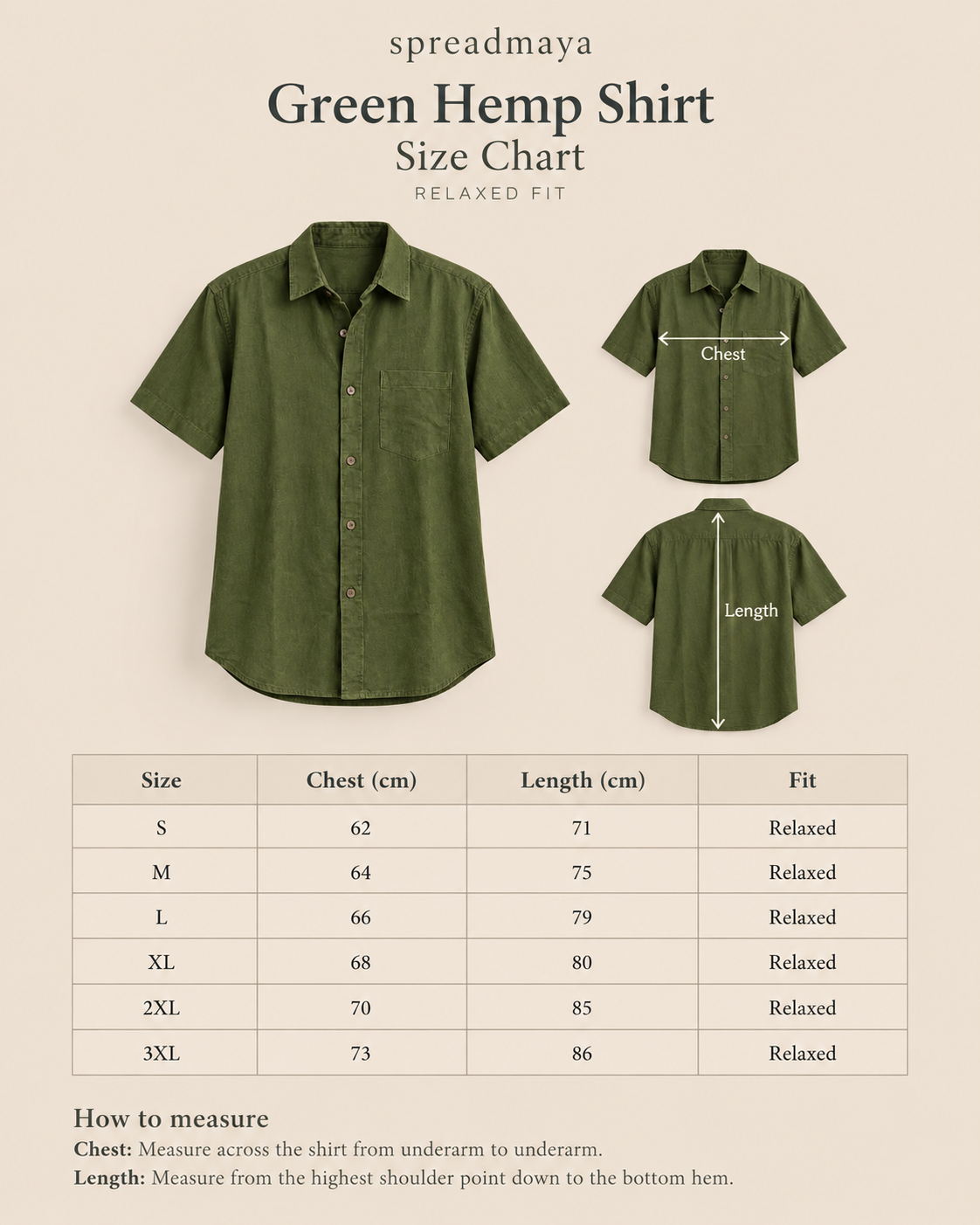 green hemp shirt size chart